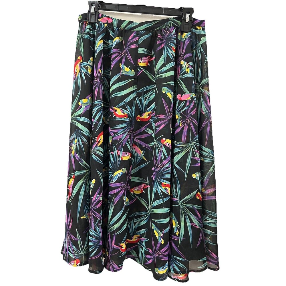 BETTE PAIGE Tropical Parrot Bird Print Mid-Length Sheer Skirt Tag Cut Out